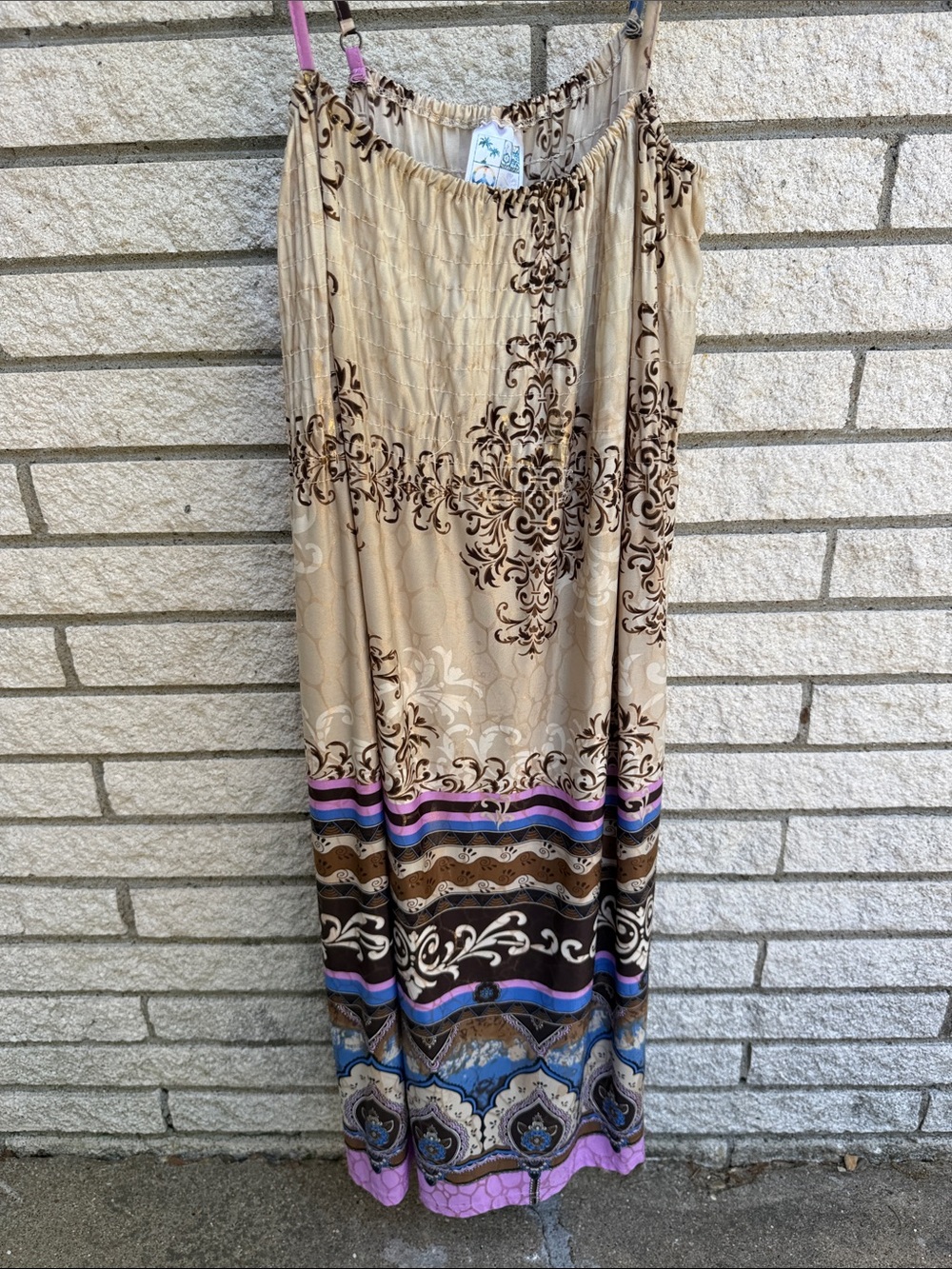 India Boutique Beige Maxi Dress with Purple & Blue Accents